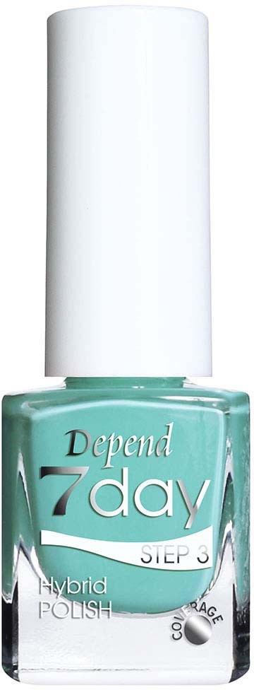 En flaska Depend 7 Day hybrid nagellack med vit caps och turkosfärgad på flaskan.