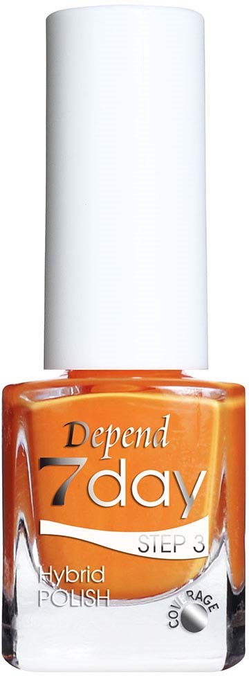 En flaska orange Depends 7 Day hybrid nagellack med vitt lock.