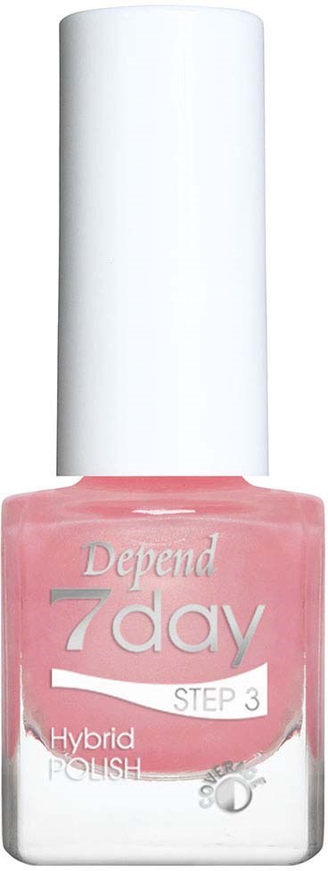 Pink nail polish bottle with white cap, labeled "Depend 7day STEP 3 Hybrid Polish."