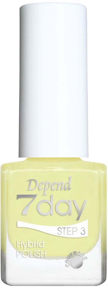 A bottle of yellow nail polish labeled 'Depend 7day STEP 3 Hybrid Polish' with a white cap.