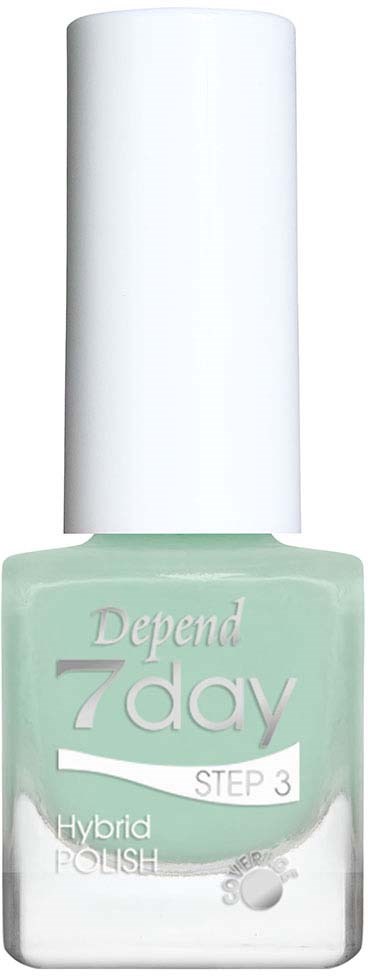 A bottle of Depend 7 Day Hybrid Polish nail polish with a white cap and light green color.