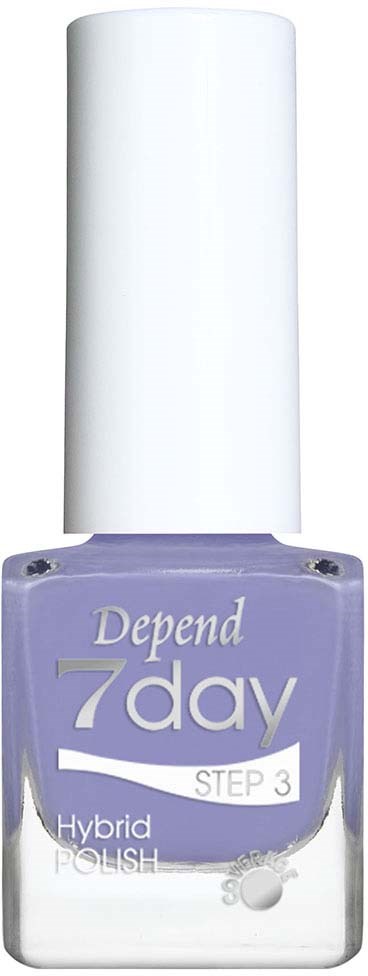 A bottle of Depend 7 Day hybrid nail polish with a lavender color and white cap.