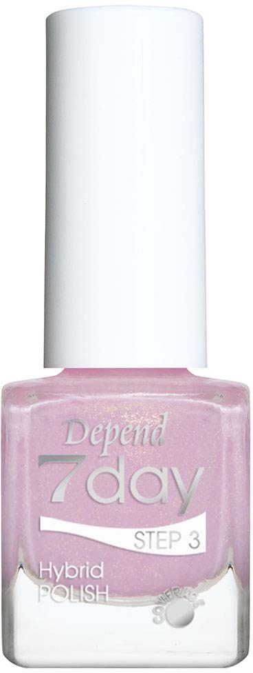 Pink nail polish bottle labeled 'Depend 7day Step 3 Hybrid Polish'. Tall white cap. Black background.