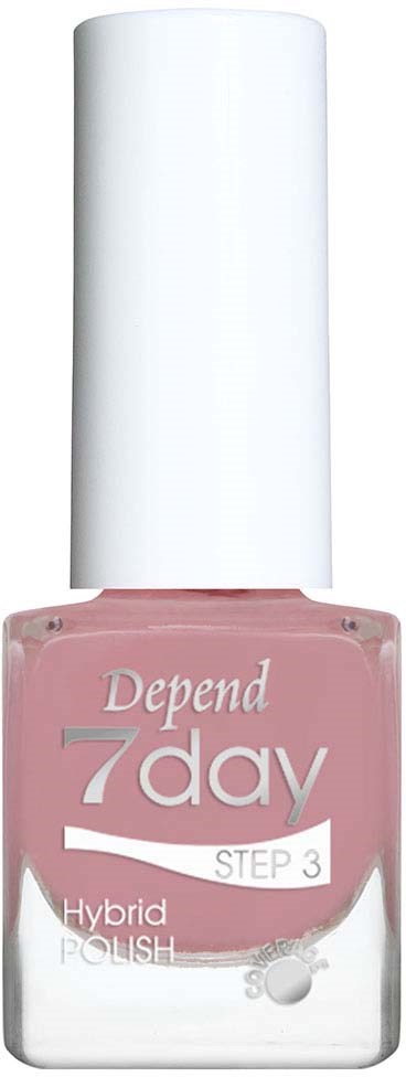 A pink and white bottle of Depend 7 day hybrid nail polish with a white cap.