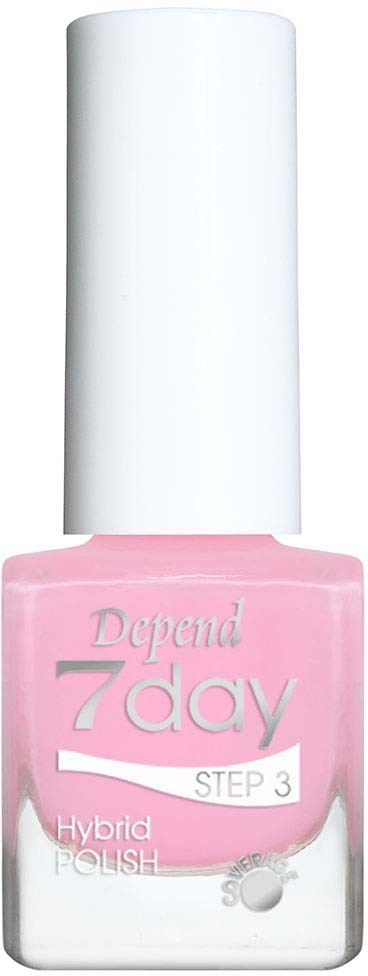 A pink bottle of Depend 7 Day Step 3 Hybrid Polish nail polish with a white cap.