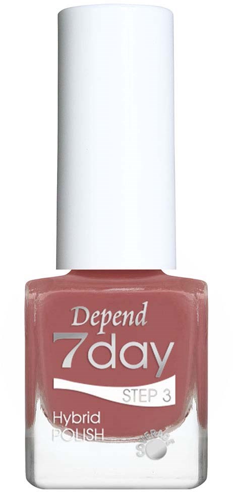 A bottle of Depend 7 Day hybrid nail polish, step 3, with a pinkish color and a white cap.