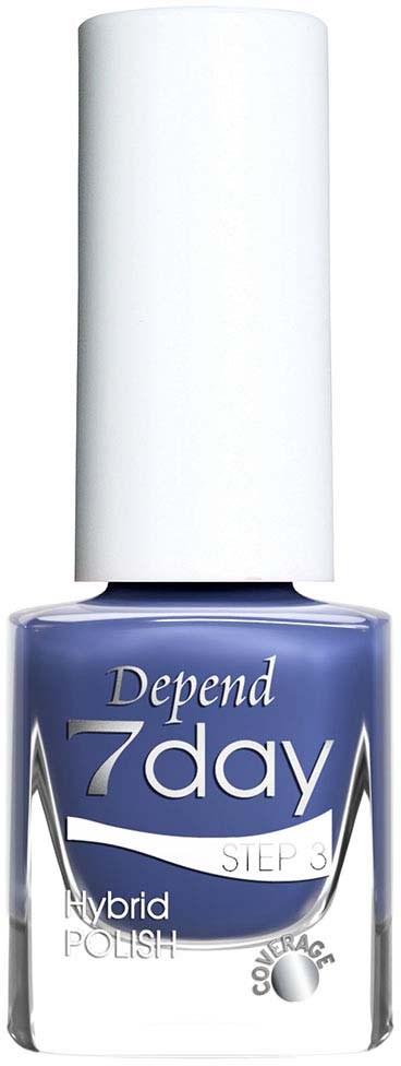Blå neglelakkflaske med hvit lokk, merket "Depend 7day" og "Hybrid Polish."