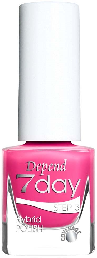 Rosa nagellackflaska med vit kork, märkt "Depend 7day," visar att den håller i en vecka.