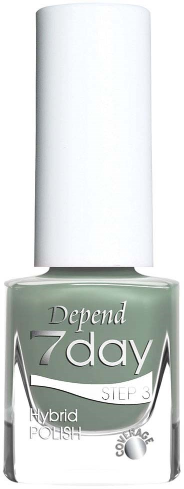 En flaska nagellack med vit lock, märkt "Depend 7day Hybrid Polish Step 3".