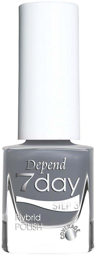 Grå neglelakkflaske med hvit hette, merket "Depend 7day Hybrid Polish" og "Step 3".