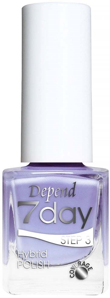 En flaska Depend 7 Day hybridnagellack, steg 3, med vit lock och lila nagellack.