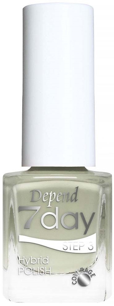 En klar nagellacksflaska med vit kork, märkt 'Depend 7day, Step 3, Hybrid Polish, Color'.