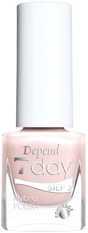 En rosa nagellackflaska med vit kork och svart bakgrund. Den står att det är "Depend 7 day" och "Hybrid Polish".