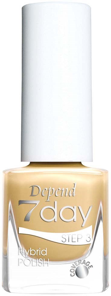 Een fles Depend 7 Day hybrid nagellak met witte dop en beige nagellak.