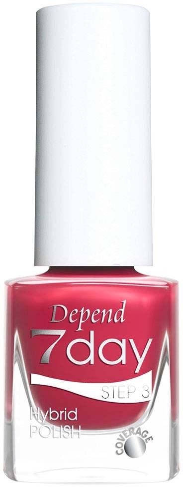 Een roze nagellakfles met label "Depend 7day" en witte dop op een zwarte achtergrond.
