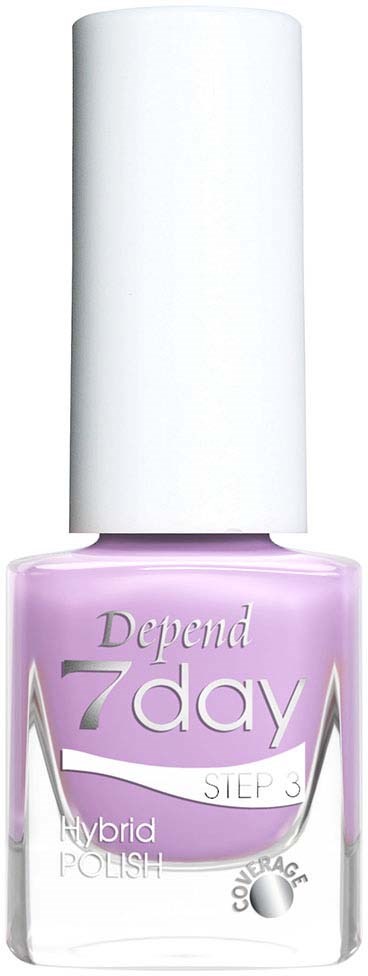 Vaaleanpunainen kynsilakkapullo, jossa on valkoinen korkki, merkintä "Depend 7day STEP 3 Hybrid POLISH."