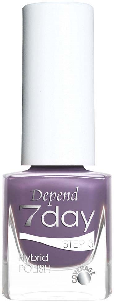 Paars nagellakflesje met witte dop, gelabeld 'Depend 7 day'.