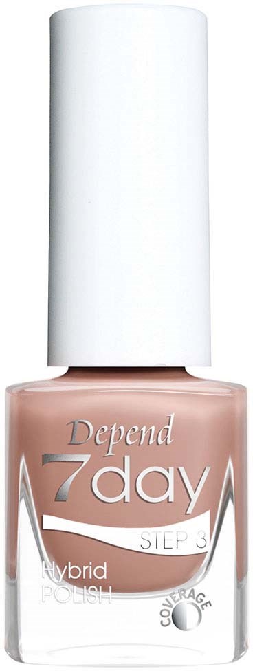 Liten rosa neglelakkflaske med hvit hette, merket 'Depend 7day Step 3 Hybrid Polish'.