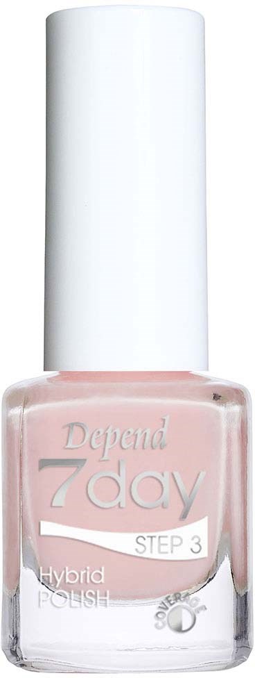 En flaska rosa nagellack märkt 'Depend 7 day' med en vit kork. Den står 'STEGE 3' och 'HYBRID NAGELLACK.'