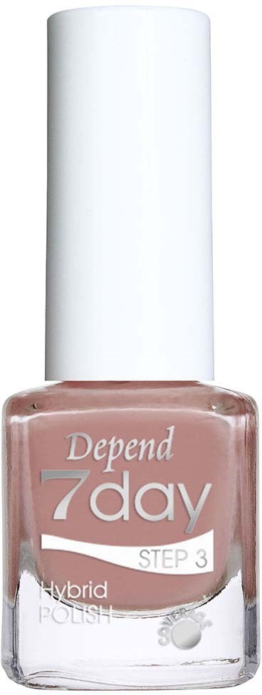 Rosa neglelakkflaske med hvit kork, merket "Depend 7 day" og "Step 3" på svart bakgrunn.