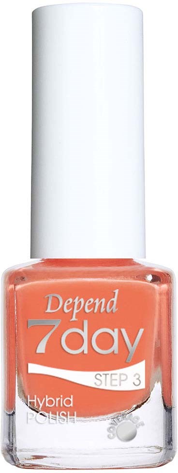 Orange nagellackflaska med vit kork, med etikett som säger Depend 7 day, Step 3, Hybrid Polish.