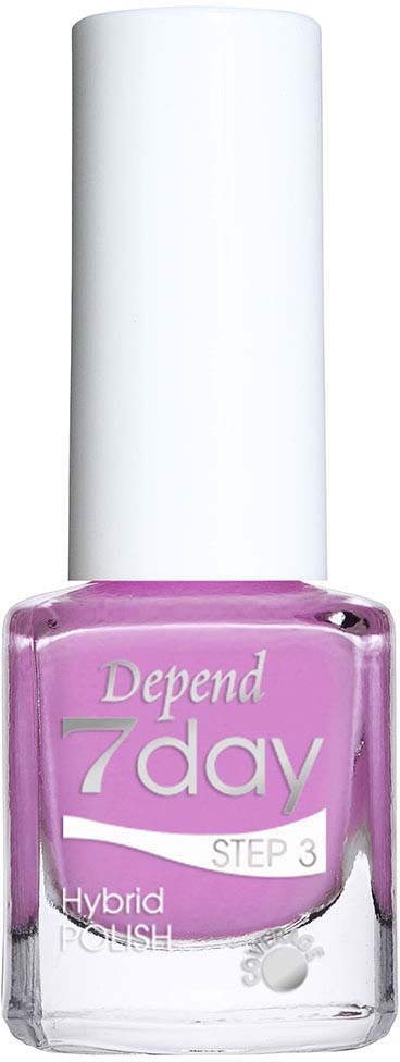 Nagellack i rosa och vitt märkt 'Depend 7day Step 3 Hybrid Polish.'