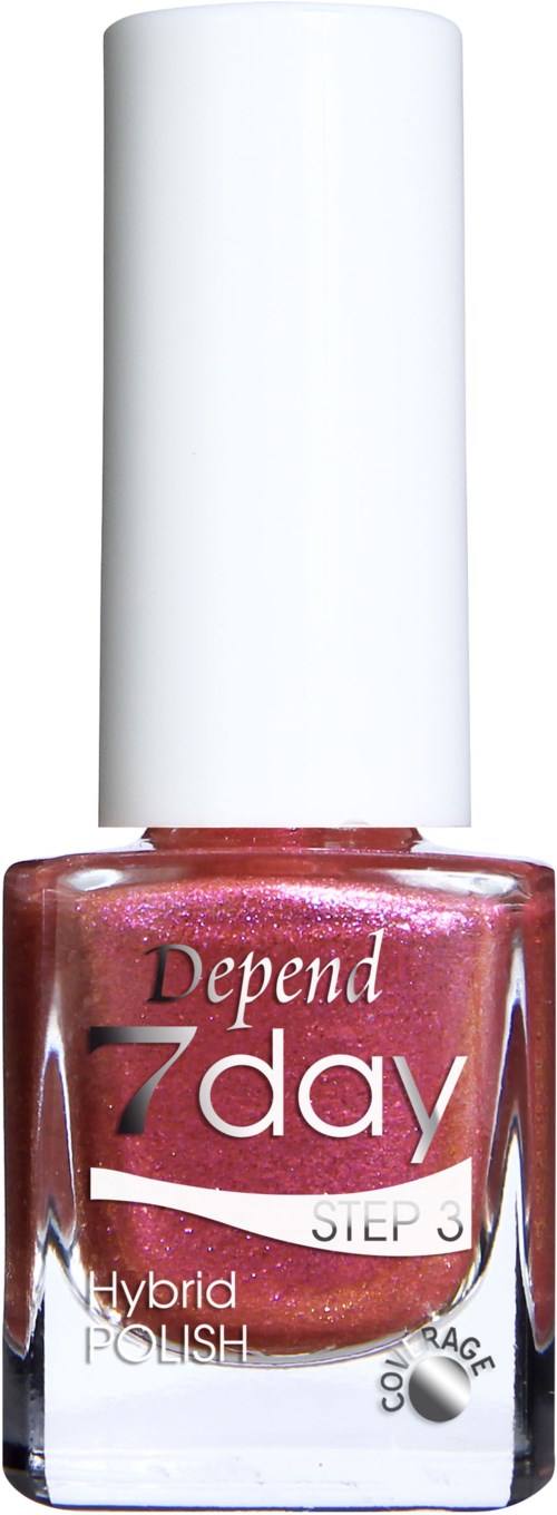 En nagellackflaska i rosa nyanser märkt "Depend 7day" och "STEP 3". Den har en vit kapsyl och är från Hybrid POLISH-serien.