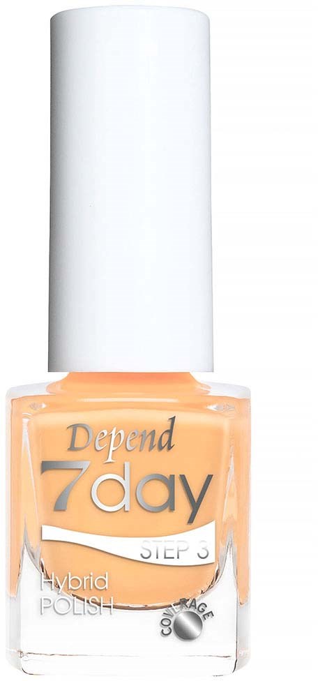 Nail polish bottle with a white cap, labeled 'Depend 7day' and 'Hybrid Polish', in peach color.