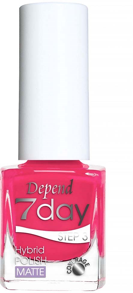 Pink nail polish bottle with white cap, labeled "Depend 7day Hybrid POLISH MATTE" and a small color gauge.