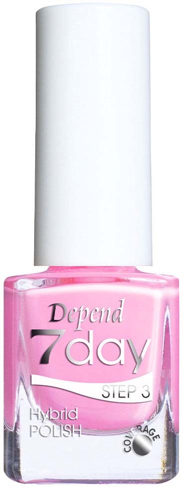 Pink nail polish bottle labeled 'Depend 7 day STEP 3 Hybrid POLISH'.