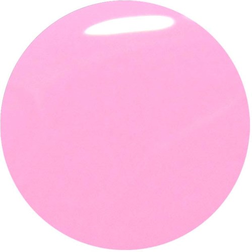 A shiny, pink, circular object with a white highlight reflecting light.