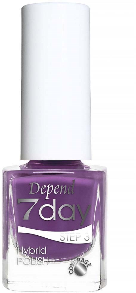 A purple bottle of Depend 7day nail polish with a white cap and label.