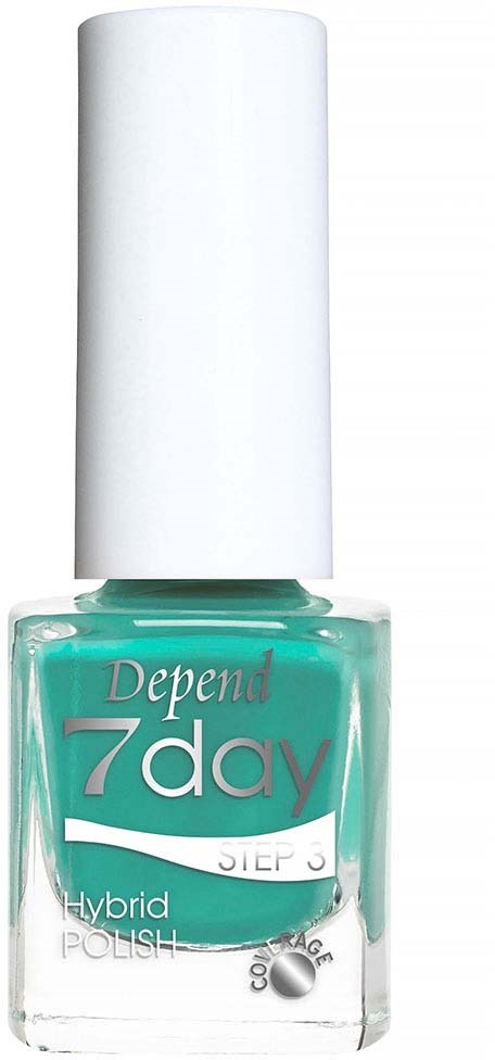 A turquoise nail polish bottle labeled "Depend 7day " with a white cap and a small brush visible.