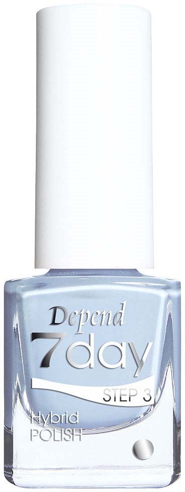 A clear nail polish bottle from Depend 7day, labeled as Step 3 Hybrid Polish.