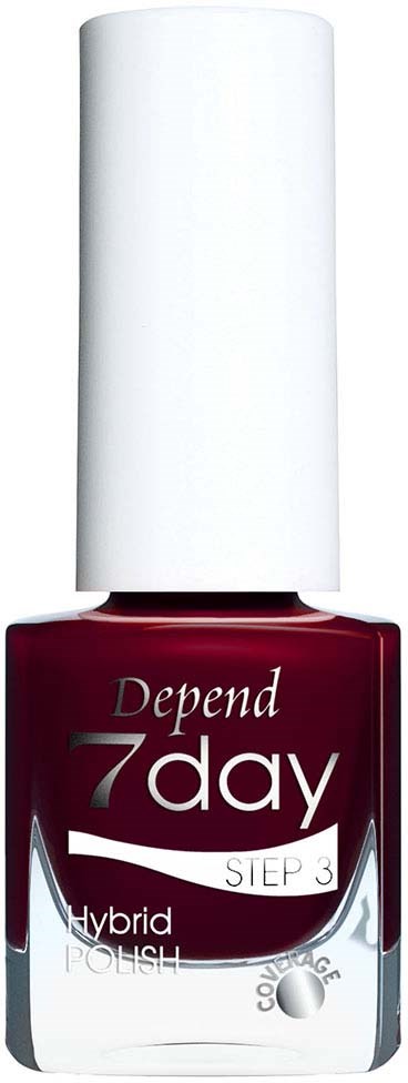 Röd nagellacksflaska med vit kork märkt "Depend 7day Step 3 Hybrid Polish."