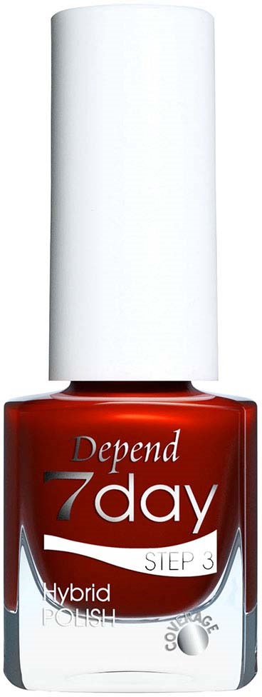 Röd nagellackflaska med vit kork, märkt "Depend 7day" och "STEP 3."