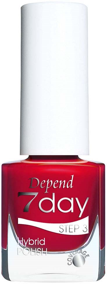 Röd flaska med vit kork märkt 'Depend 7 day Step 3 Hybrid Polish' för nagellack.