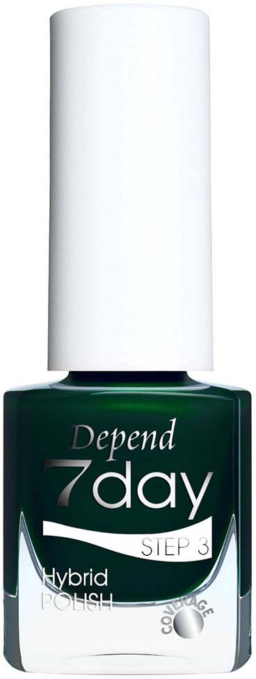 Grön nagellackflaska med vit kork, märkt "Depend 7day Steg 3 Hybrid Nagellack."
