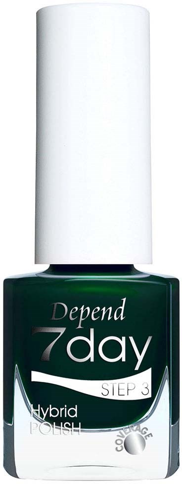 En mörkgrön flaska Depend 7 Day gelnagellack med vit kork och etikett.