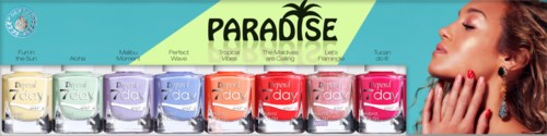 En kvinna med stängda ögon rör vid sitt ansikte, och färgglada nagellackflaskor är placerade nedanför. Ordet 'PARADISE' är i mitten.