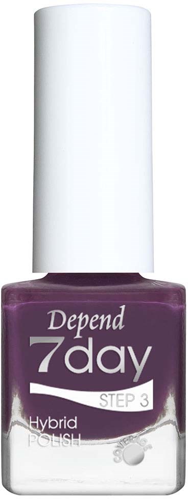 A purple nail polish bottle with a white cap, labeled 'Depend 7 day Step 3 Hybrid Polish.'