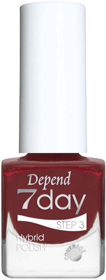 Rødt neglelakkflaske med hvit lokk, merket 'Depend 7day Step 3 Hybrid Polish' med en liten grå solikon.