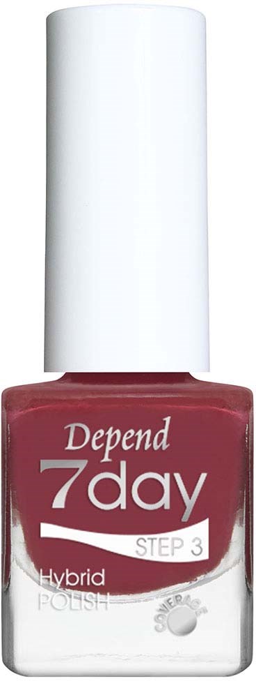Een nagellakfles met roze kleur, witte dop en label met Depend 7 day stap 3. Voor langdurige nagels.