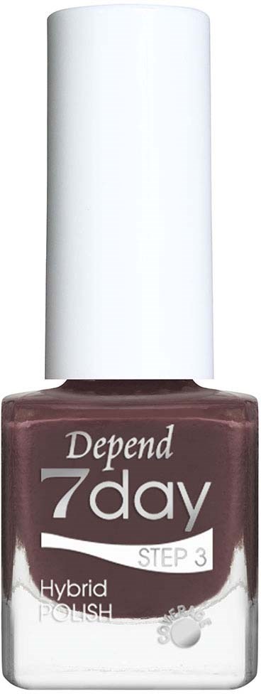 Een fles Depend 7 Day Hybrid Polish met witte dop en paars-bruin nagellak.