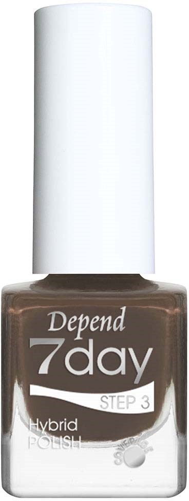 Een fles Depend 7 Day Step 3 hybrid nagellak met witte dop en donkerbruine lak.