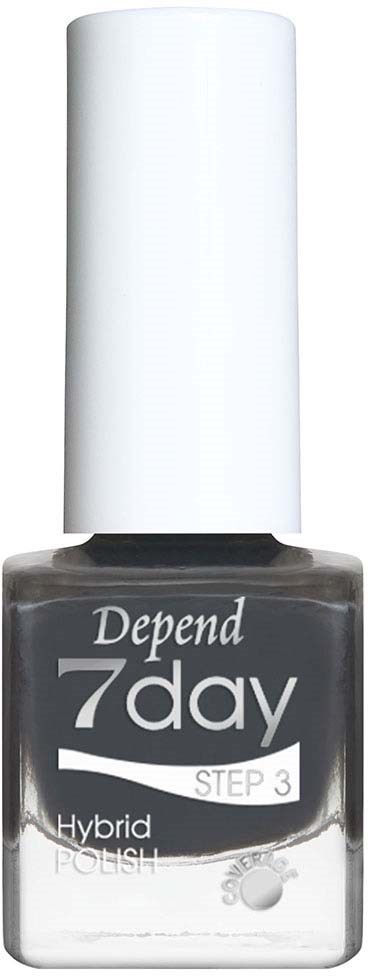 Een fles Depend 7 Day hybrid nagellak met witte dop en grijze lak.