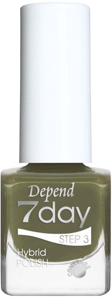 Een fles Depend 7 Day hybrid nagellak, stap 3, met een witte dop, groene lak en merklabel.