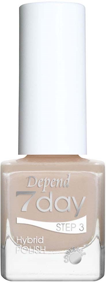 Een flesje Depend 7 Day nagellak met witte dop, beige kleur en label met stap 3, Hybrid Polish.