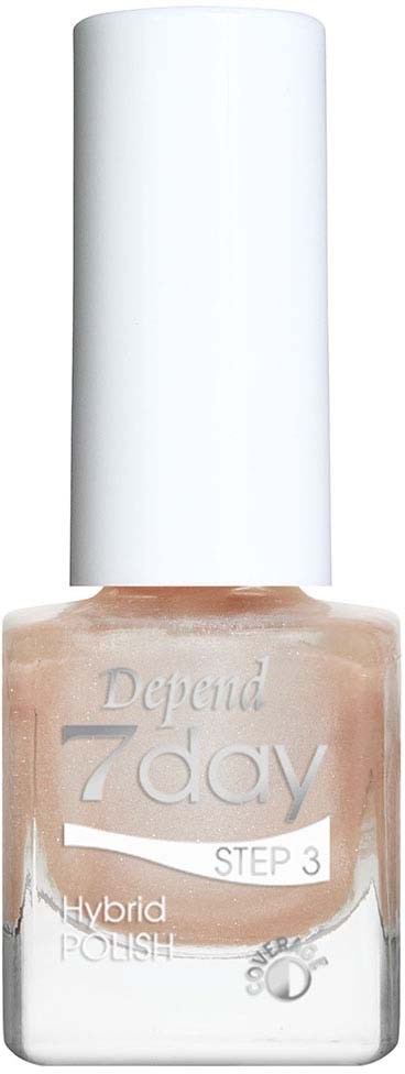 En flaska Depend 7 dagars hybridnagellack, märkt steg 3, med vit kork och rosa-beige nagellack.