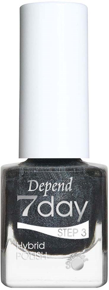 Zwarte en witte nagellakfles met label "Depend 7day STEP 3 Hybrid POLISH."